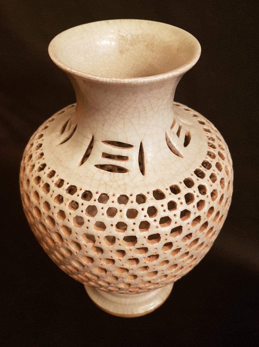 Celadon Green Openwork And Crackle Ceramic Vase - China-photo-3