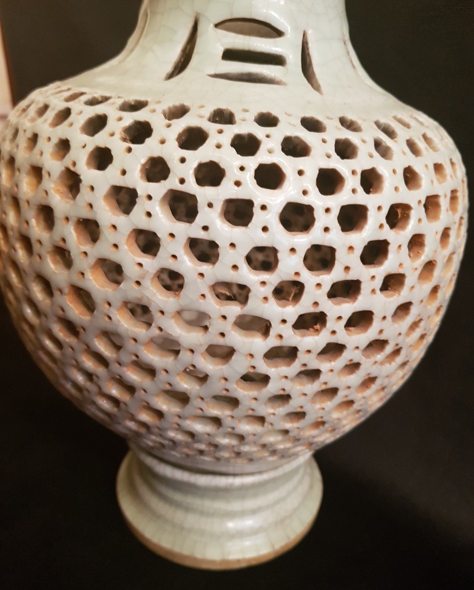 Celadon Green Openwork And Crackle Ceramic Vase - China-photo-1