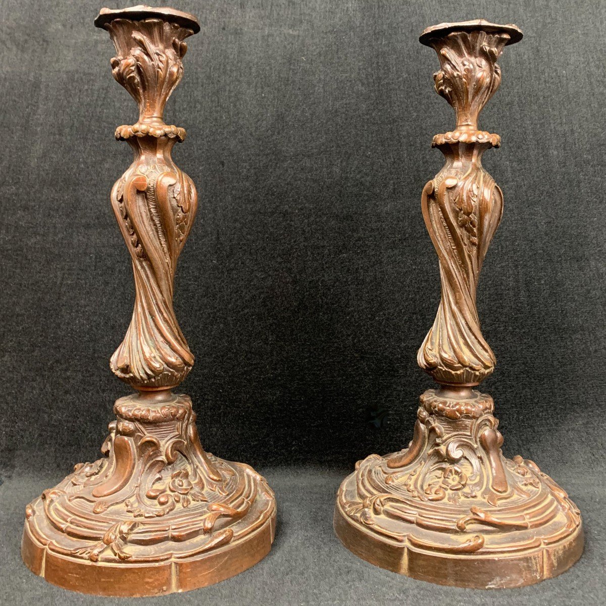 Pair Of Rocaille Candlesticks - Patinated Bronze - Eighteenth-photo-6