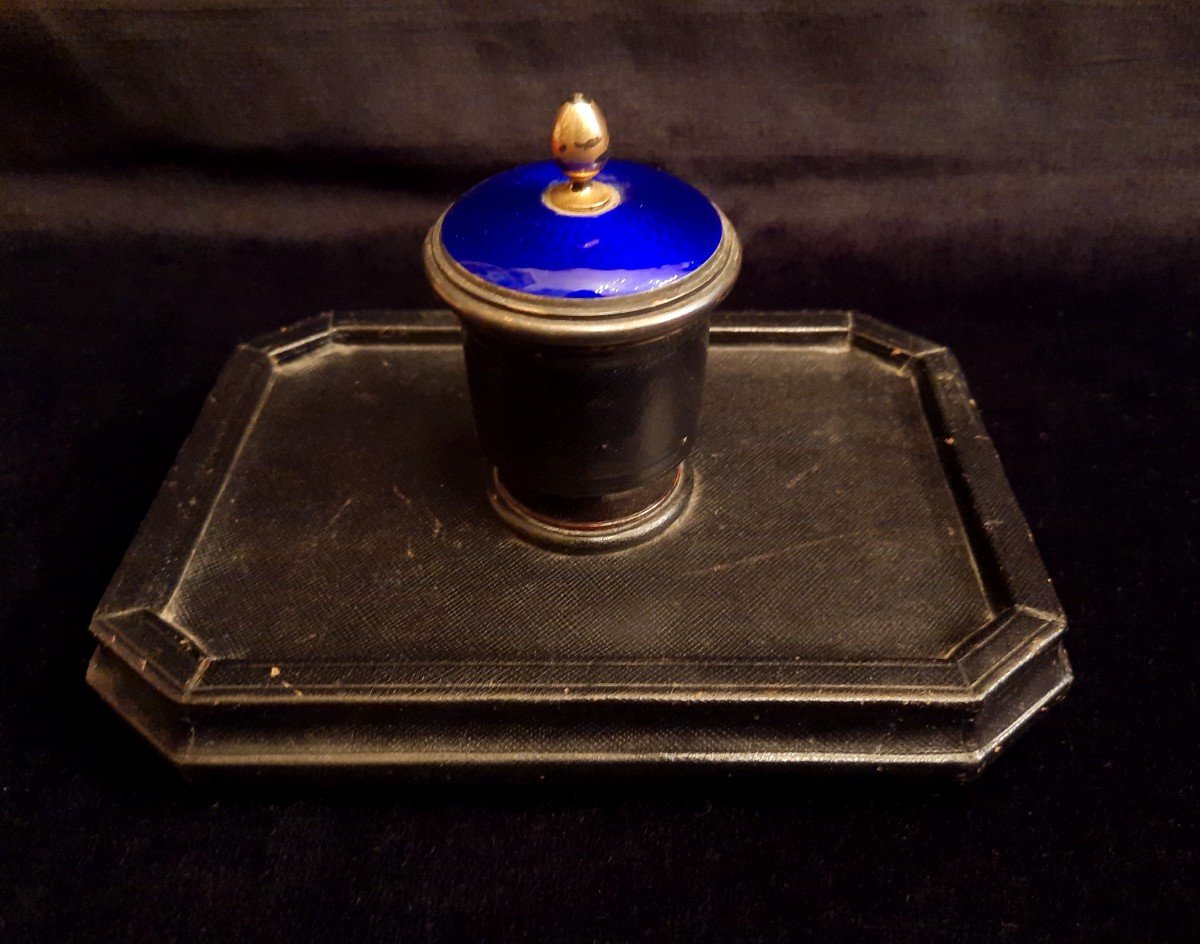 Enamelled Vermeil Inkwell On Black Leather Tray