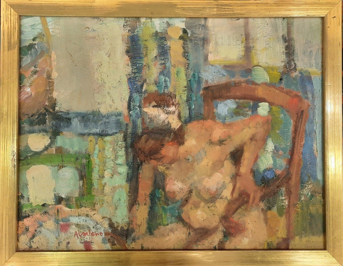 Huile Sur Panneau - Femme Nue Sur Un Siège - De René Arberlenc-photo-3