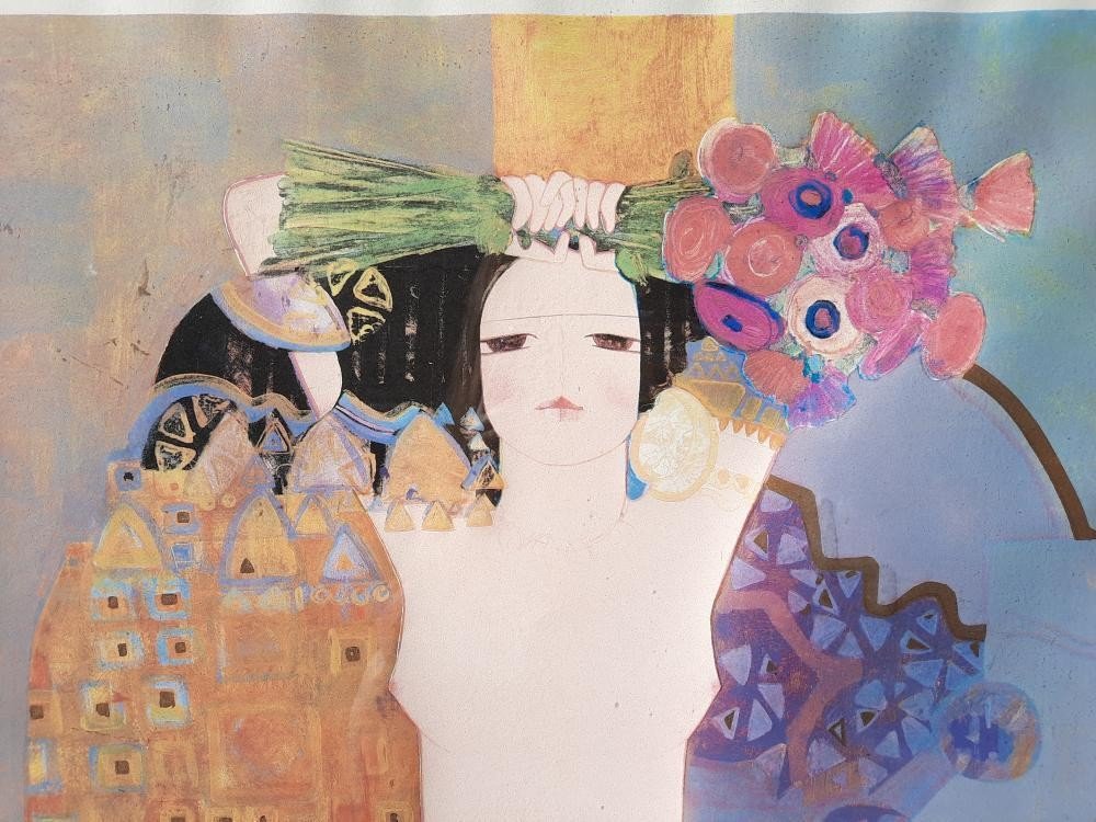 Lithograph On Paper - Naked Woman With A Bouquet Of Flowers - By Dariush Mohajer (1944)-photo-2