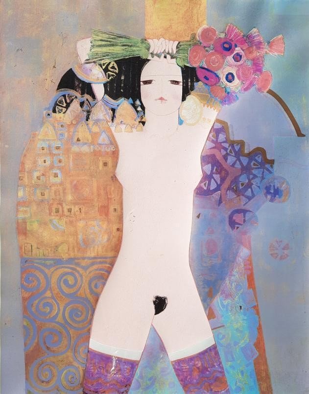 Lithograph On Paper - Naked Woman With A Bouquet Of Flowers - By Dariush Mohajer (1944)