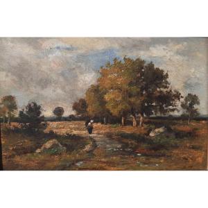 Oil On Wood - Country Landscape (barbizon - 19th C)