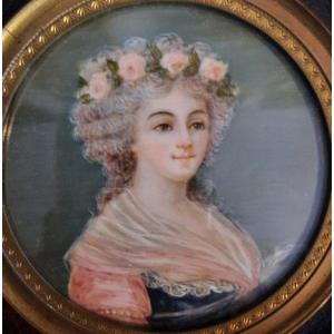 Miniature - Portrait Of A Woman With Flowers - Nineteenth