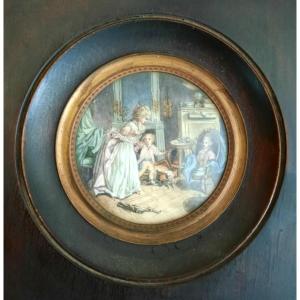 Miniature - Woman And Children - Nineteenth Century
