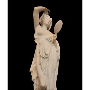 Sculpture En Marbre Femme Au Miroir De Carrier B. (xixe Siècle)