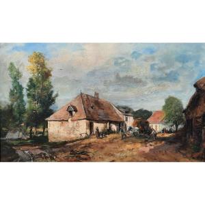 Louis Jean Jacottet (1843-1906) - Huile Sur Panneau - Scène Champêtre Au Village 