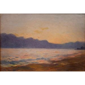 Huile Sur Bois - Coucher Du Soleil Sur La Mer (xxe)