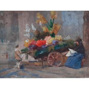 Oil On Wood - Flowers In A Cart (19th Century)