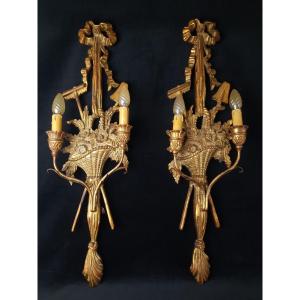 Pair Of Gilded Wood Wall Lights (20th Century)