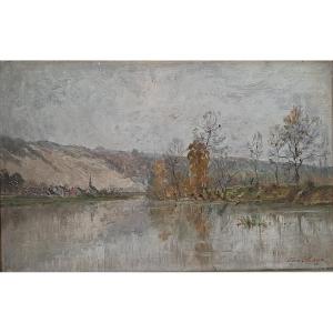 Carl Rosa (1853-1913) -  Huile Sur Bois - Bord De Seine à Jeufosse