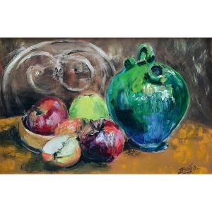 Oil On Canvas - Still Life With Green Pitcher (20th Century)