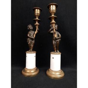 Pair Of Bronze And Marble Candlesticks 