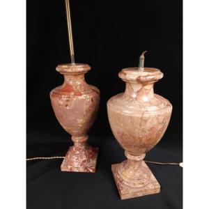 Pair Of Pink Marble Lamp Bases (20th Century)