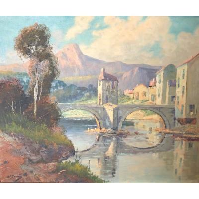 Huile Sur Toile - Paysage Au Pont - Louis Michel BERNARD 