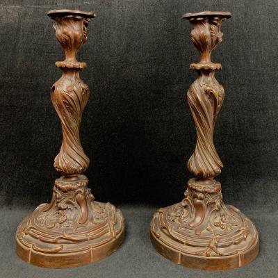 Pair Of Rocaille Candlesticks - Patinated Bronze - Eighteenth