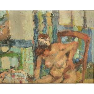 Oil On Panel - Naked Woman On A Seat - By René Arberlenc