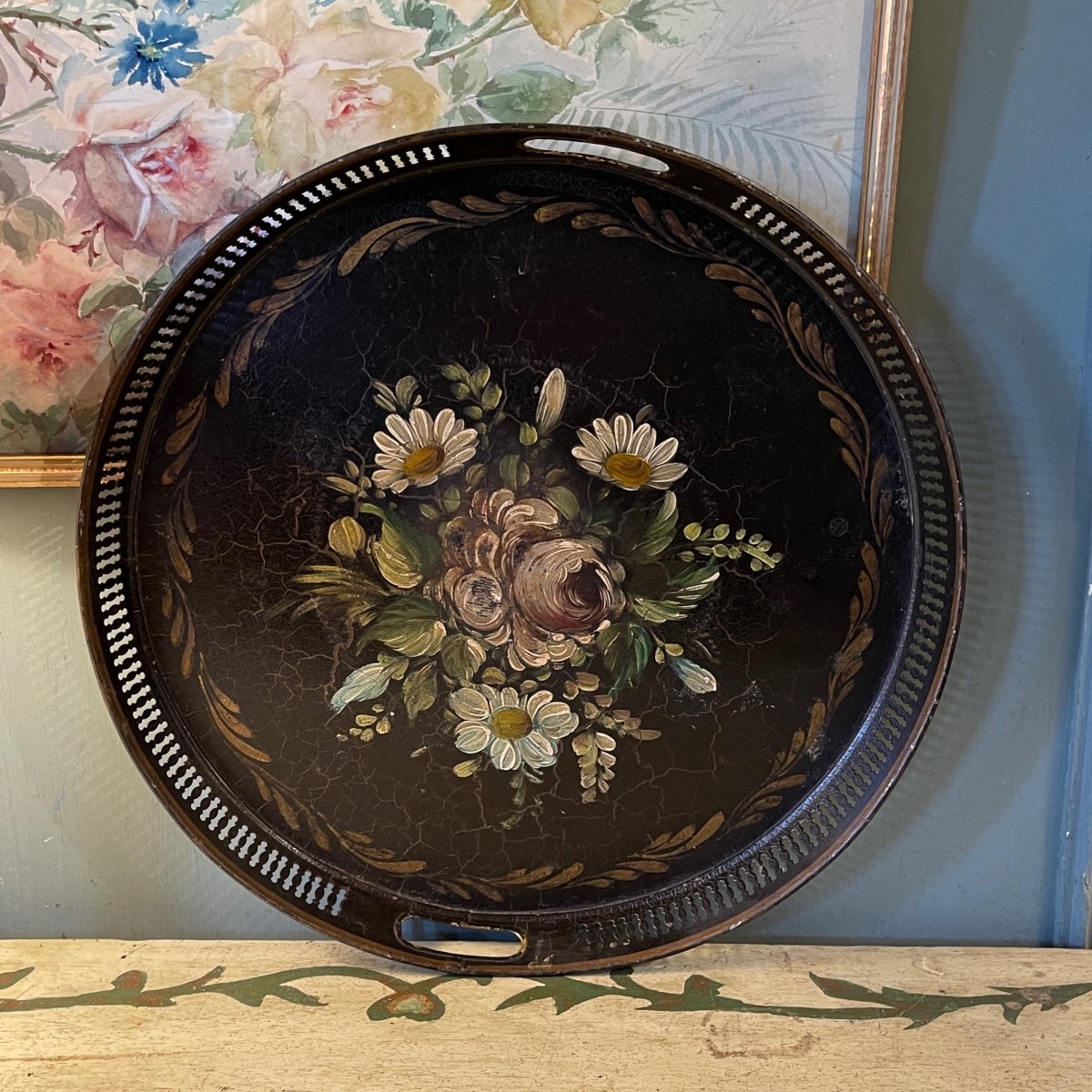 19th Century Painted Sheet Tray, Diameter 40 Cm