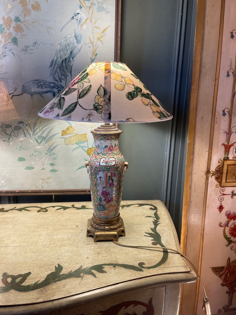 Chinese Porcelain Lamp, Canton 19th Century, Height 48 Cm-photo-3