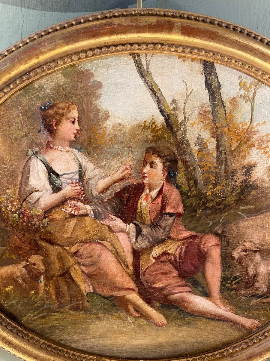 Painting In Medallion, 19th Century Gallant Scene-photo-4