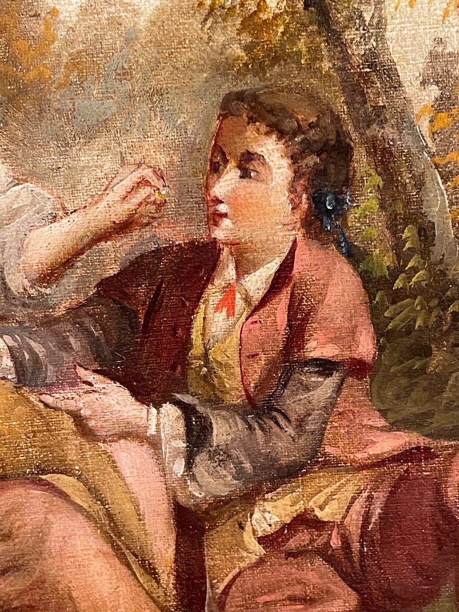 Painting In Medallion, 19th Century Gallant Scene-photo-3