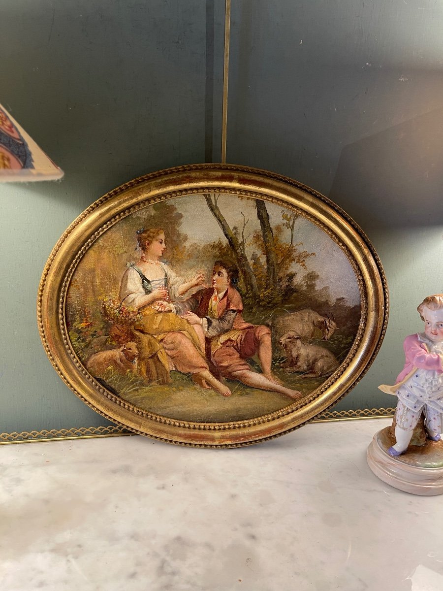 Painting In Medallion, 19th Century Gallant Scene-photo-5