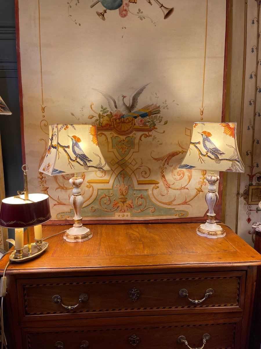 Pair Of Lamps In Painted And Gilded Wood, Height 48 Cm-photo-7