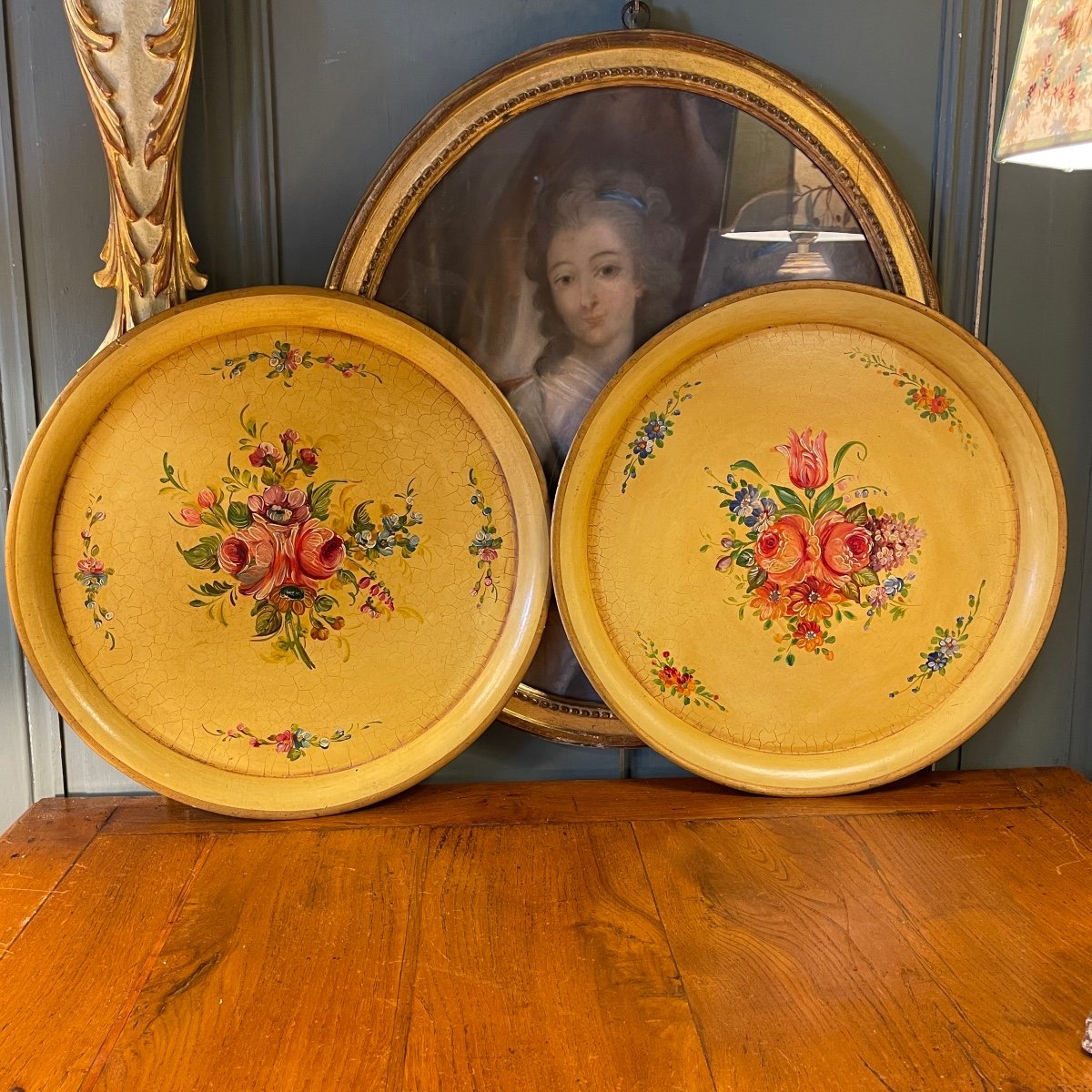 Pair Of Painted Sheet Trays, Diameter 45 Cm