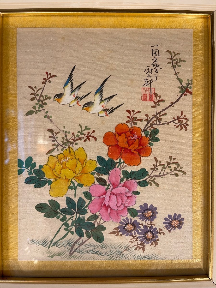 Oiseaux Et Décor Floral, Peinture Asiatique, N°1-photo-2