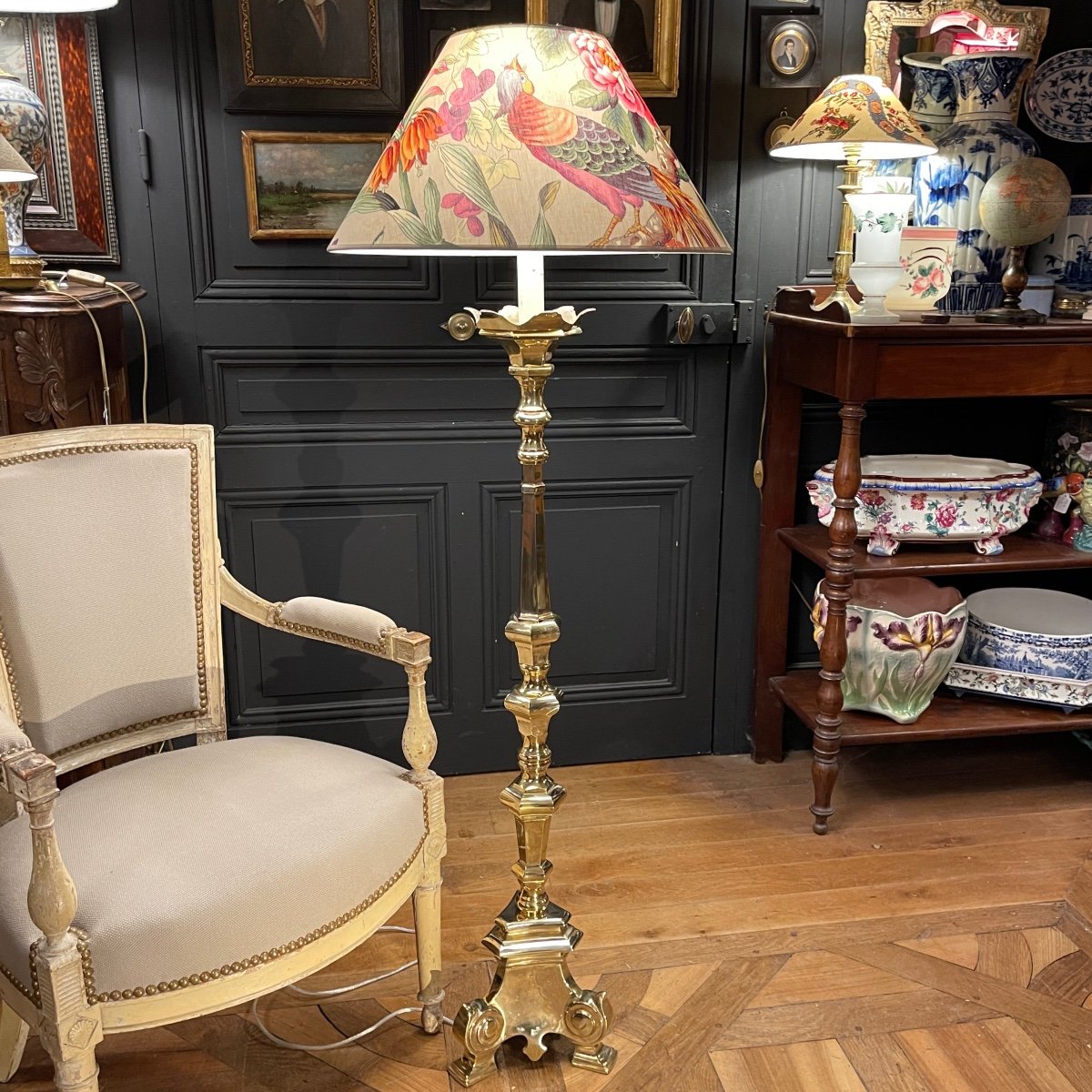 Polished Bronze Tripod Floor Lamp, Height 134 Cm