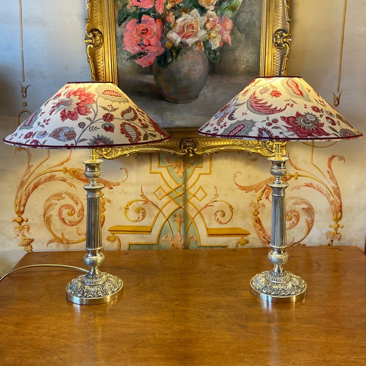 Pair Of Brass Lamps, Height 42 Cm