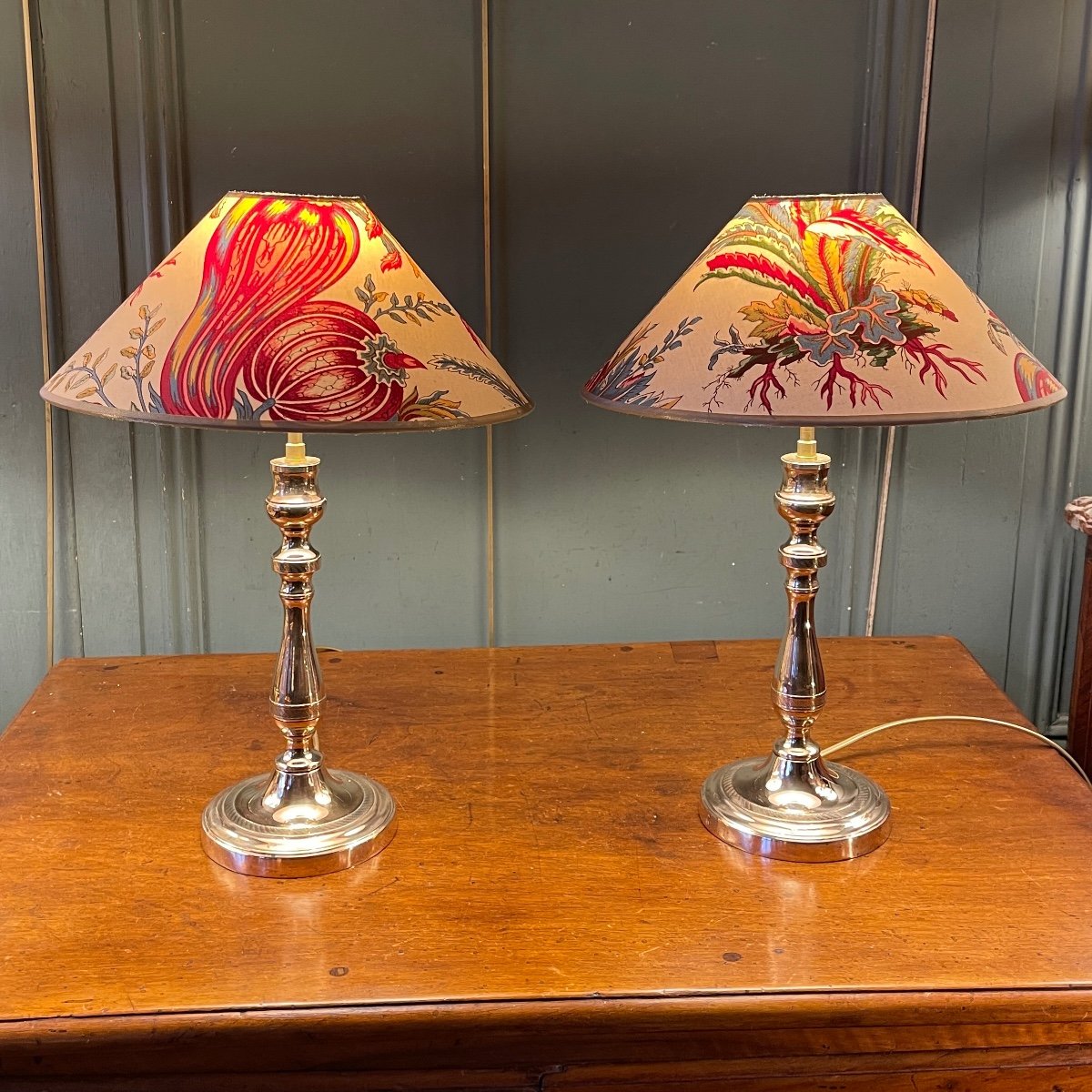 Pair Of Copper Bronze Lamps, Height 42 Cm