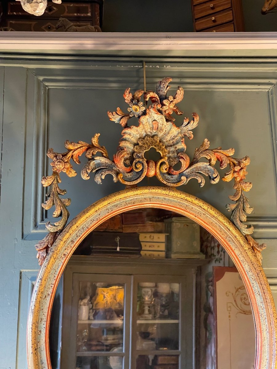 Miroir Ovale En Bois Peint Polychrome Italien-photo-3