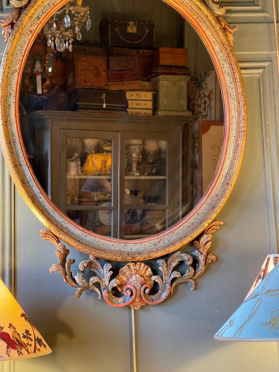 Miroir Ovale En Bois Peint Polychrome Italien-photo-4