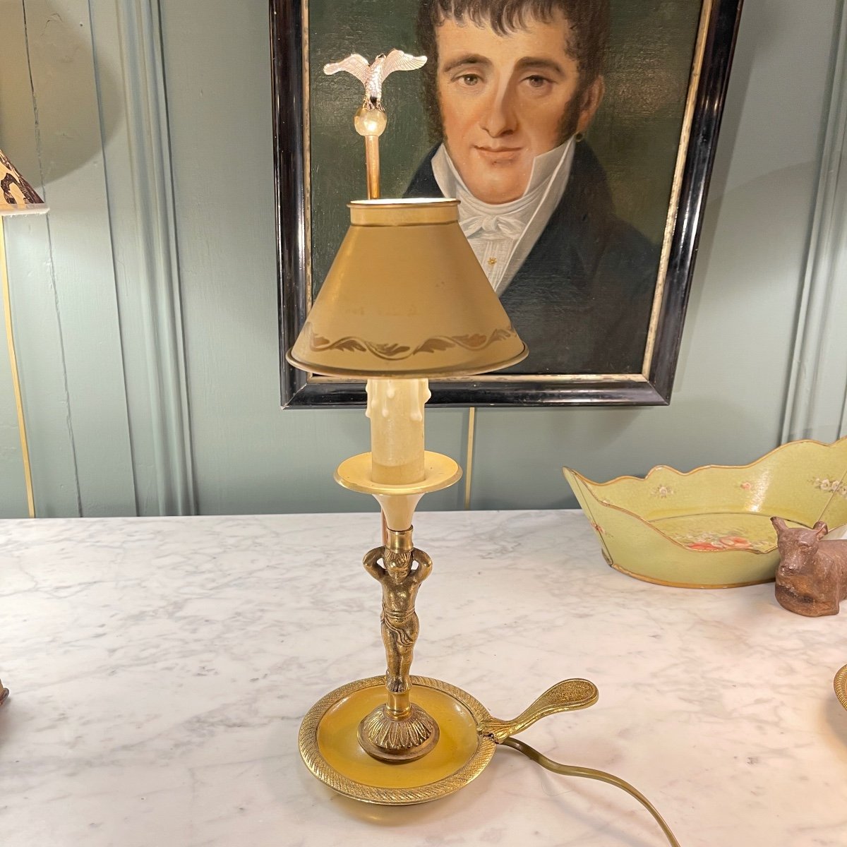 Small Bouillotte Lamp With Putto Decor, Height 38 Cm