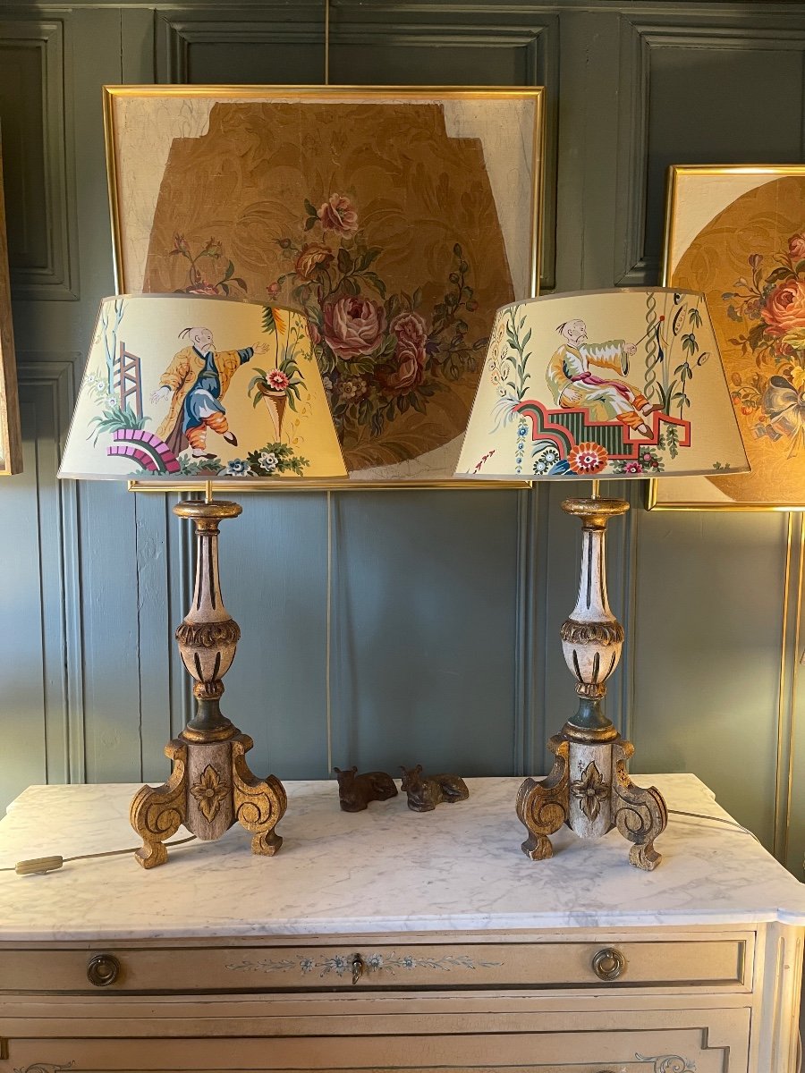 Pair Of Painted Wooden Tripod Lamps, Height 79 Cm-photo-2