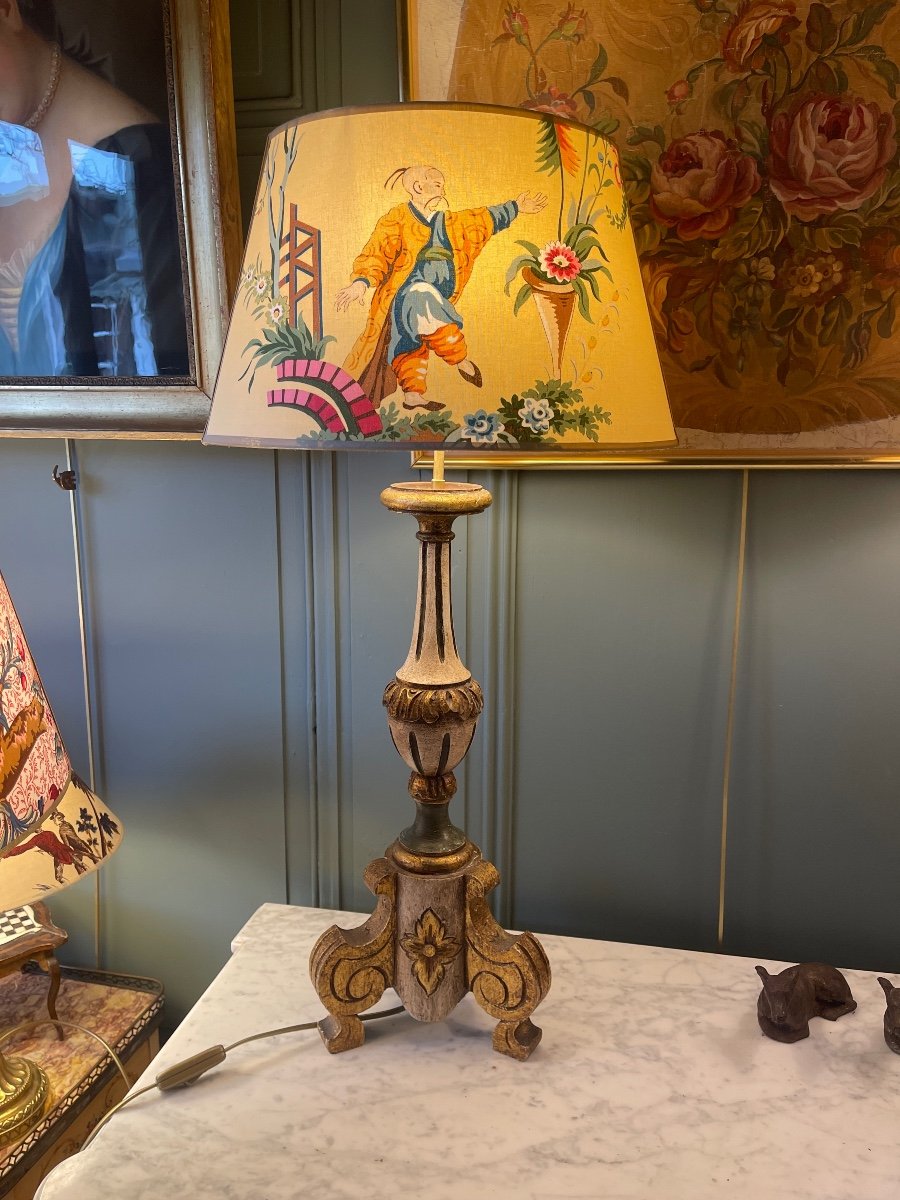 Pair Of Painted Wooden Tripod Lamps, Height 79 Cm-photo-3