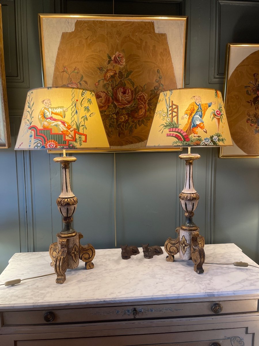 Pair Of Painted Wooden Tripod Lamps, Height 79 Cm-photo-2