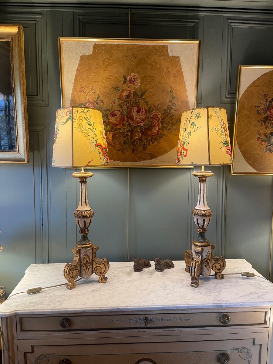 Pair Of Painted Wooden Tripod Lamps, Height 79 Cm-photo-3