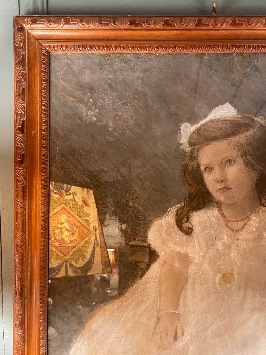 Large Portrait Of A Little Girl, Pastel Early 20th Century-photo-2