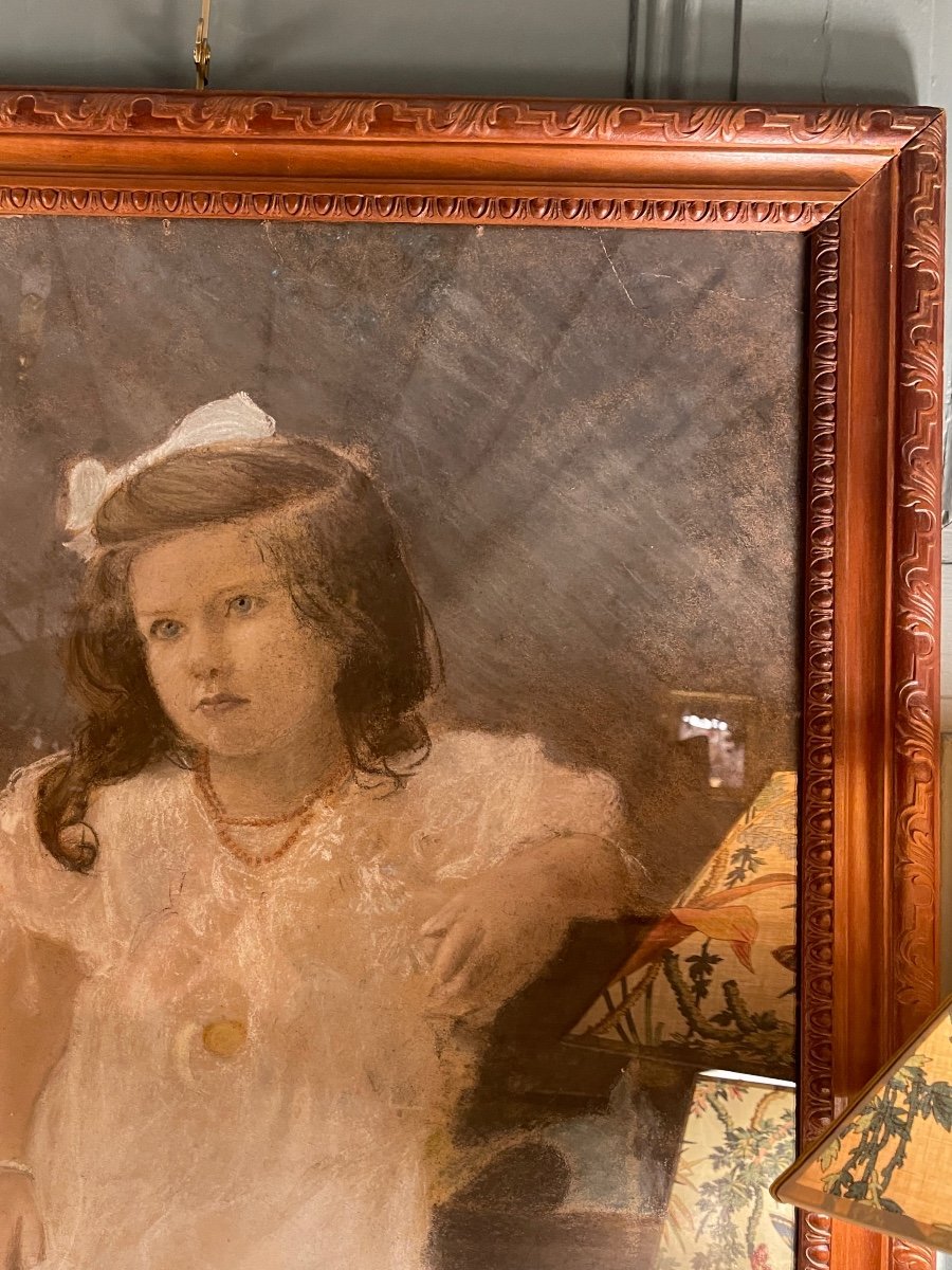 Large Portrait Of A Little Girl, Pastel Early 20th Century-photo-3