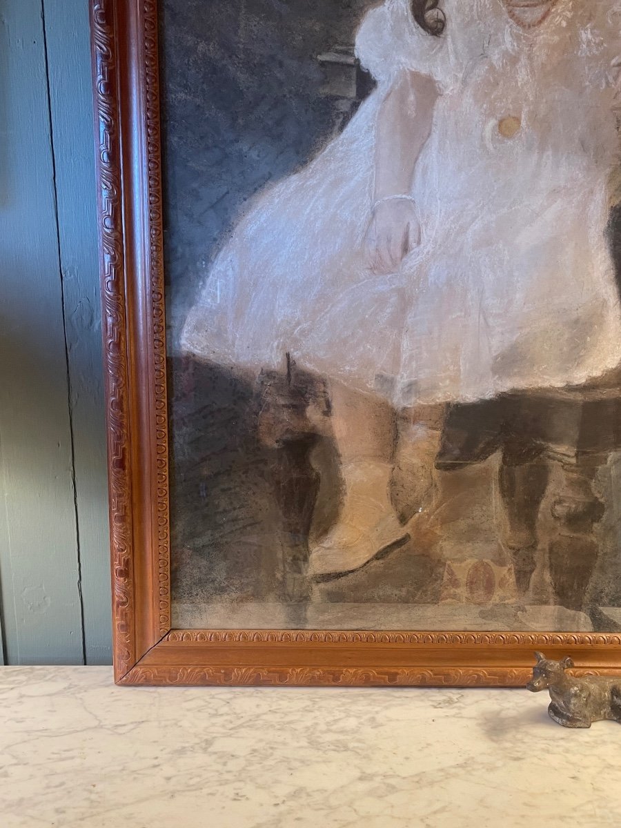 Large Portrait Of A Little Girl, Pastel Early 20th Century-photo-1