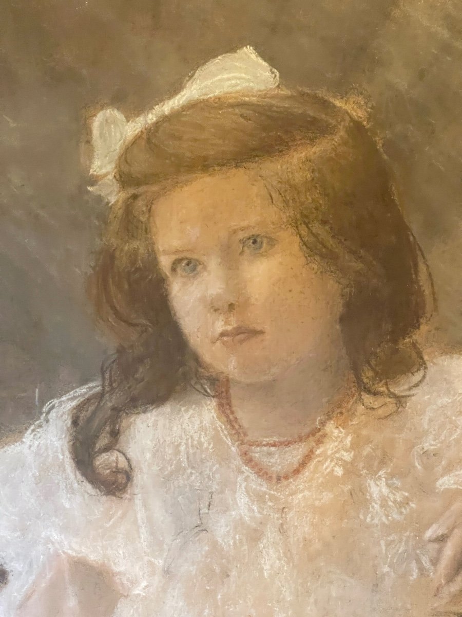 Large Portrait Of A Little Girl, Pastel Early 20th Century-photo-2