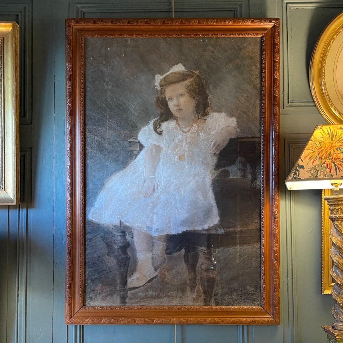 Large Portrait Of A Little Girl, Pastel Early 20th Century