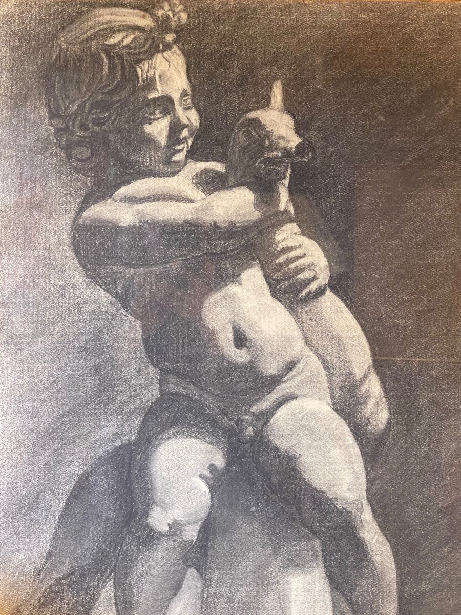 The Child With The Goose, 19th Century Academic Drawing-photo-2