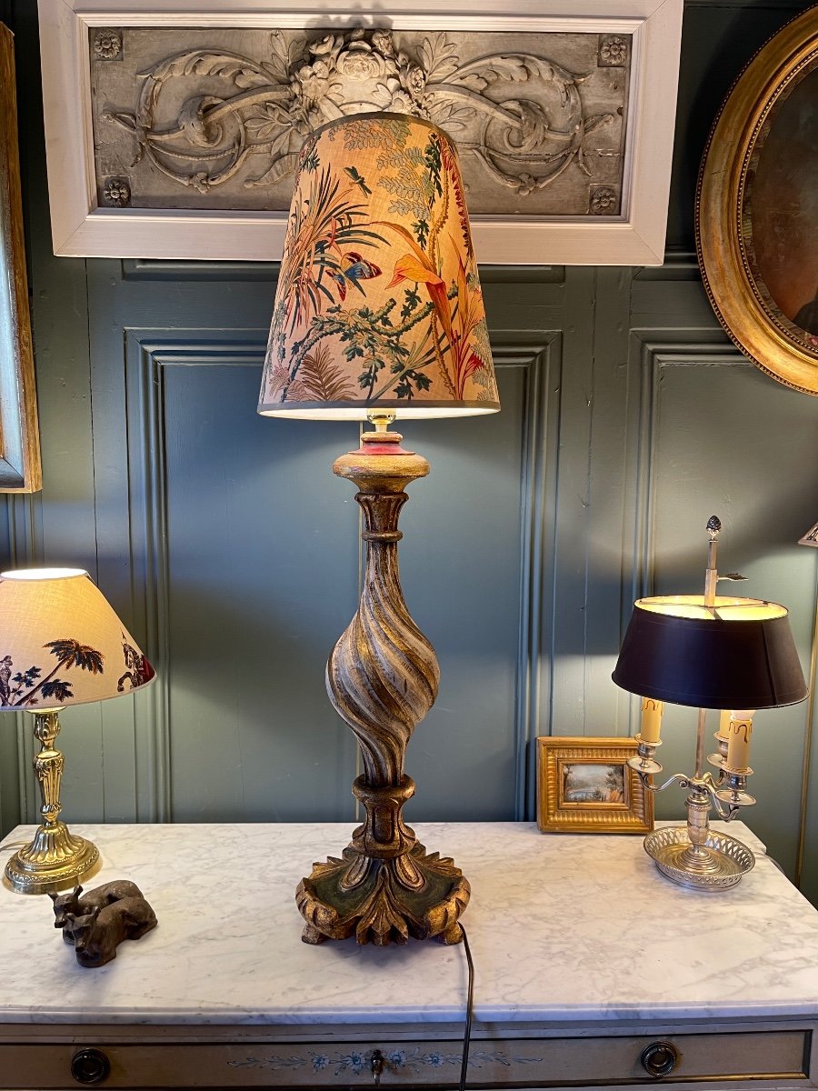 Important Painted Wooden Lamp, Height 96 Cm-photo-4