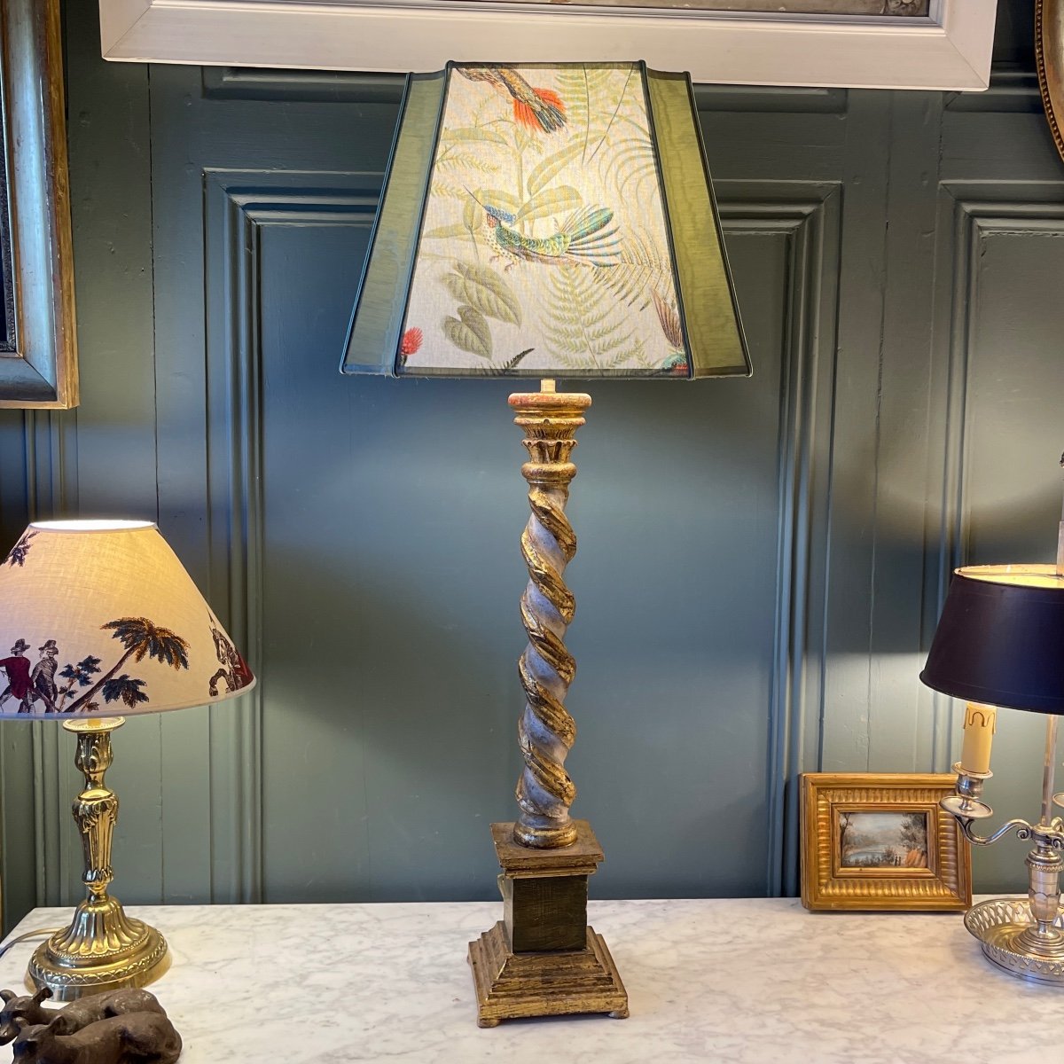 Large Twisted Painted Wood Lamp, Height 83.5 Cm