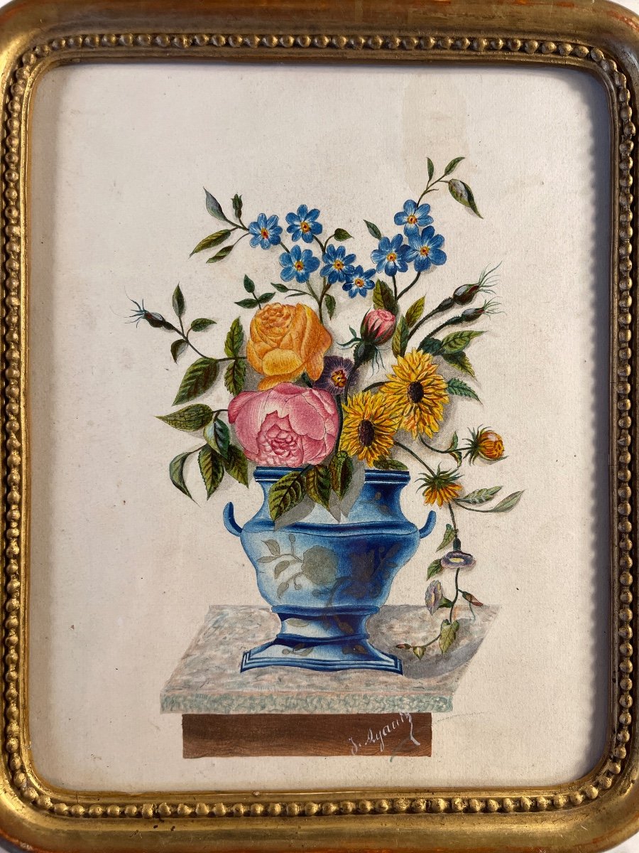 Bouquet Of Flowers, 19th Century Gouache-photo-3