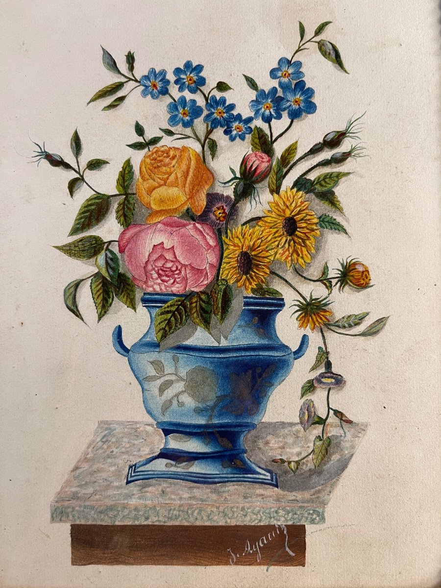 Bouquet Of Flowers, 19th Century Gouache-photo-4